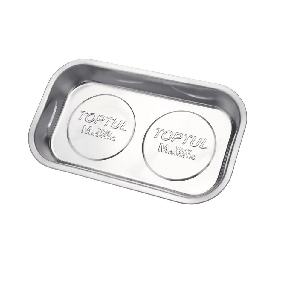 Toptul Magnetic Tray - Rectangle-JJAF2414. Front view of stainless steel rectangular tray with Toptul logo stamped into bottom of tray