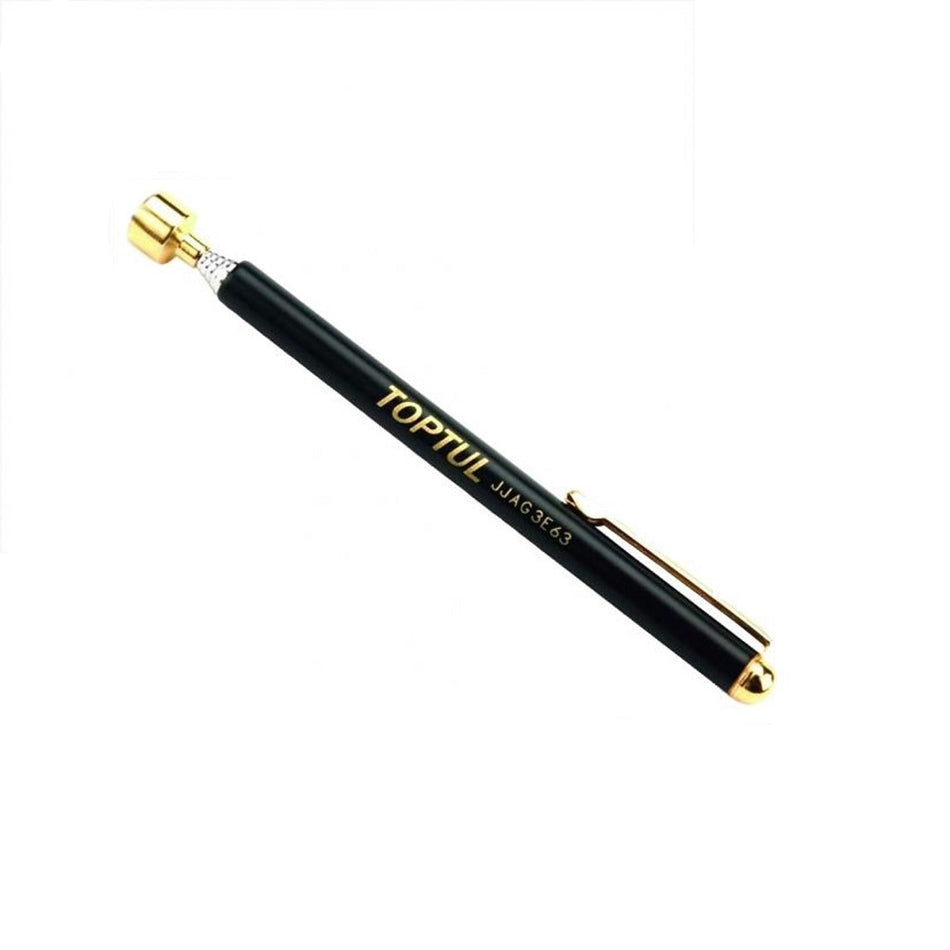 Toptul Magnetic Pick up tool 130-640mm-JJAG3E63. Front view of black pen with gold Toptul logo on it and gold on both ends and also on pocket clip.