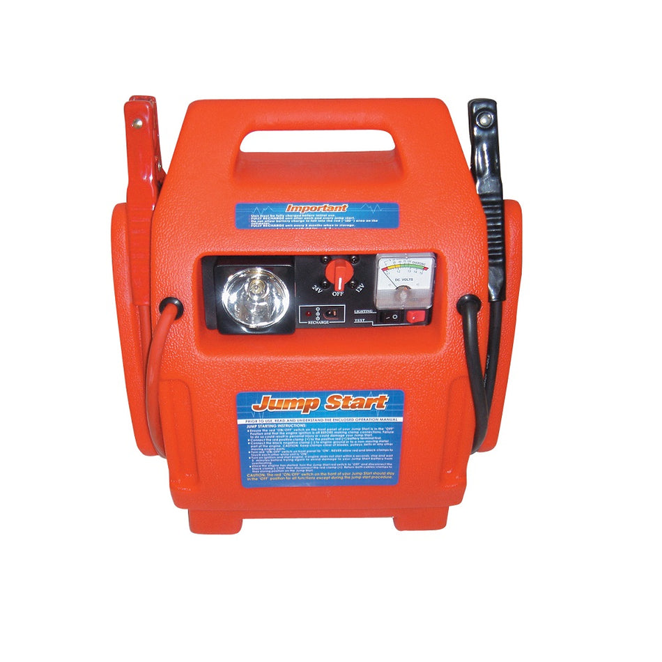 Hindin Marquip Jump Starter Heavy Duty Dual 12/24V-JS1500. Front view of red jump starter with light and voltmeter on the front and insulated clips attached on the sides.