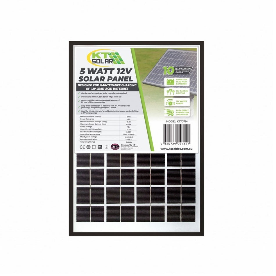 KY Solar 12V 5 Watt Solar Panel-KT70714. Front view of black solar panel with green KT Solar logo with specifications on label on front.