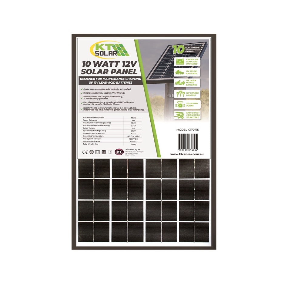 KT Solar 12V 10 Watt Solar Panel-KT70715. Front view of black solar panel with green KT Solar logo and specifications on front label