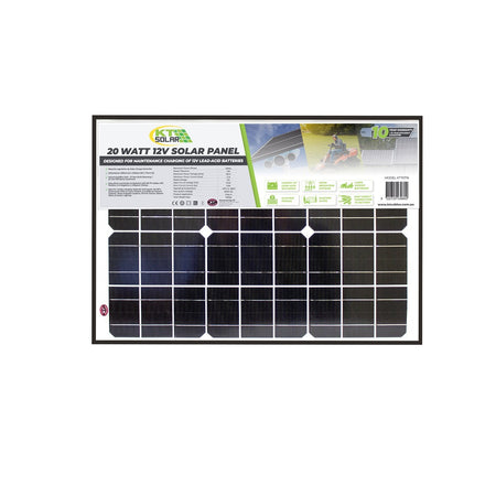 KT solar 12V 20 Watt Solar Panel-KT70716. Front view of black solar panel with green KT Solar logo and specifications on label on front.