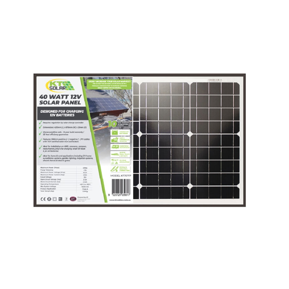 KT solar 12V 40 Watt Solar Panel-KT70717. Front view of black solar panel with green KT Solar logo with specifications on label on front.