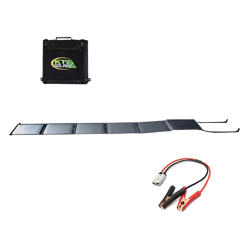 KT solar 120W Solar Mat/Single Row Kit-KT70727. Front view of black solar panel and black bag with green KT Solar logo on front and leads with red and black clips.