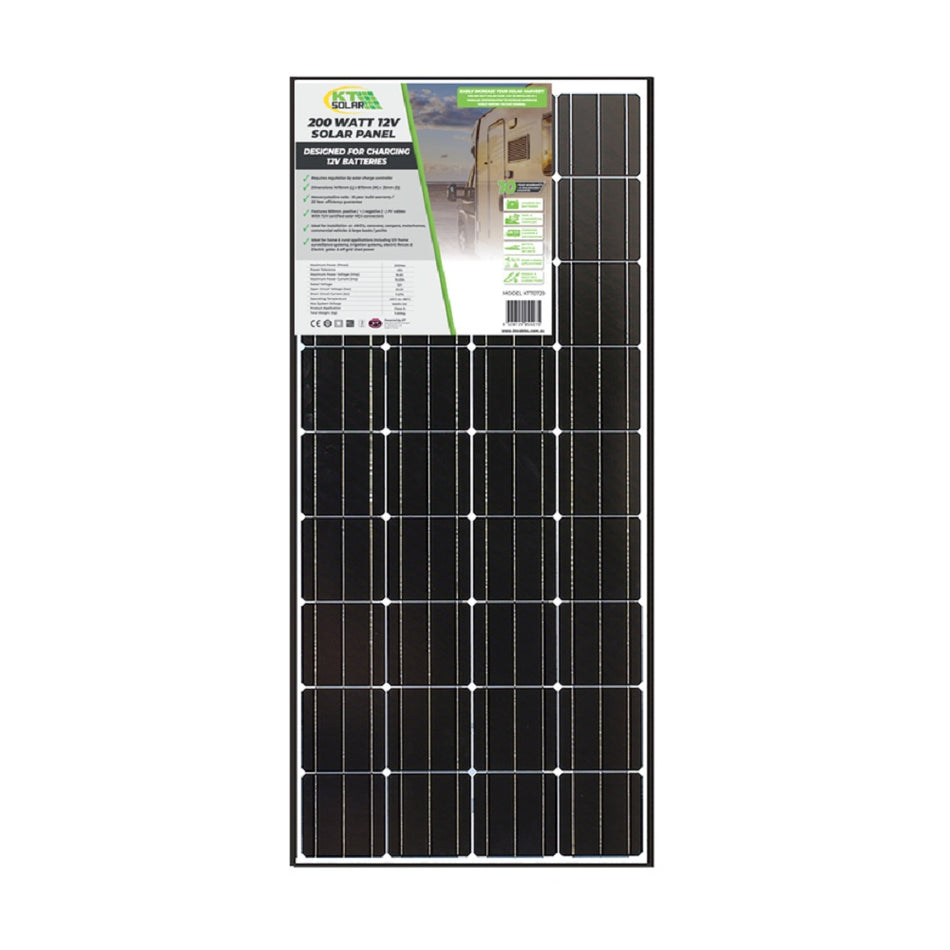 KT Solar 12V 200 Watt Solar Panel-KT70729. Front view of black solar panel with green KT Solar logo and specifications on label on front.