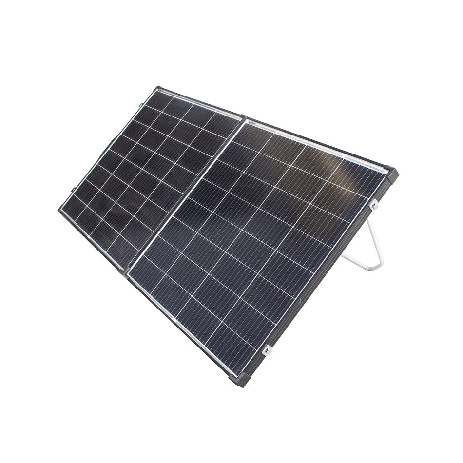 KT Solar 200W Solar Folding Briefcase Kit-KT70731. Front view of black solar panel folded out on leg supports .