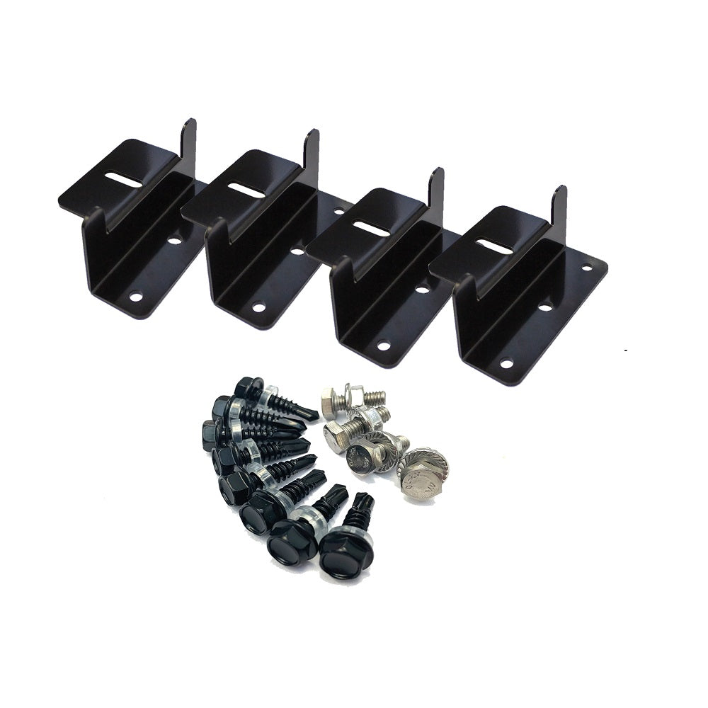 KT Solar Panel Mounting Brackets 4B/Pack-KT70749. Front view of 4 x black mounting brackets with 4 x stainless bolts with nuts and 8 x black stainless bolts with clear washers.