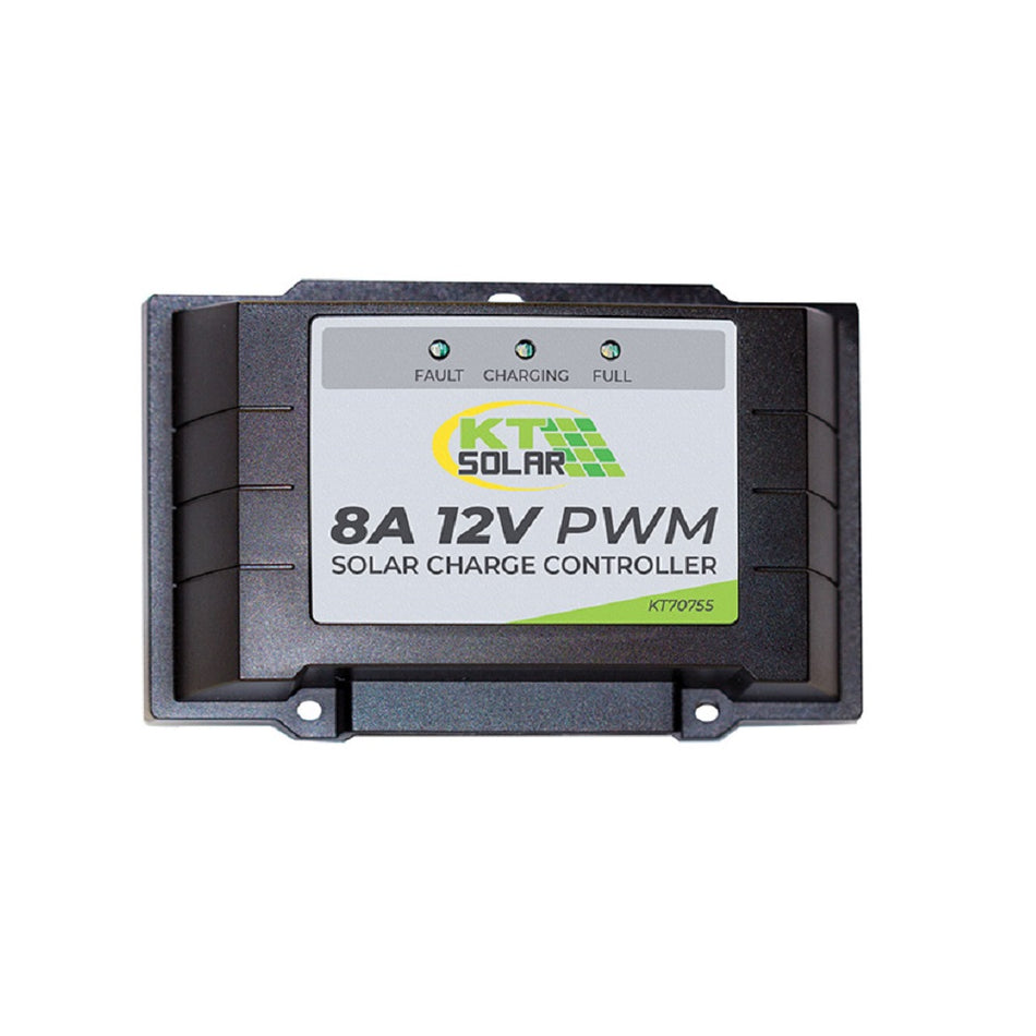 KT Solar 8AMP 12V PWM Solar Charge Regulator-KT70755. Front view of black regulator with green KT Solar logo on grey label on front.