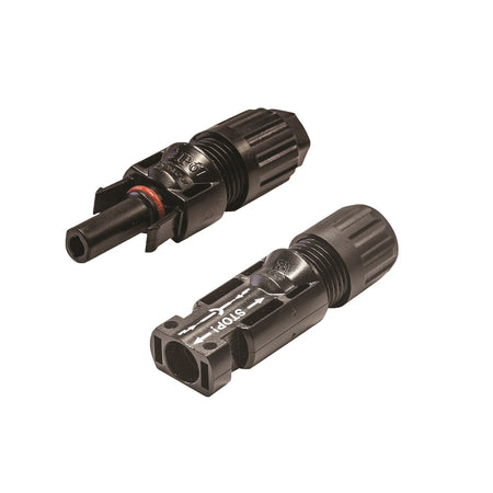KT Solar MC4 Connectors M/F Inline & Pins (SAA)-KT70774. Front view of male and female black connectors.