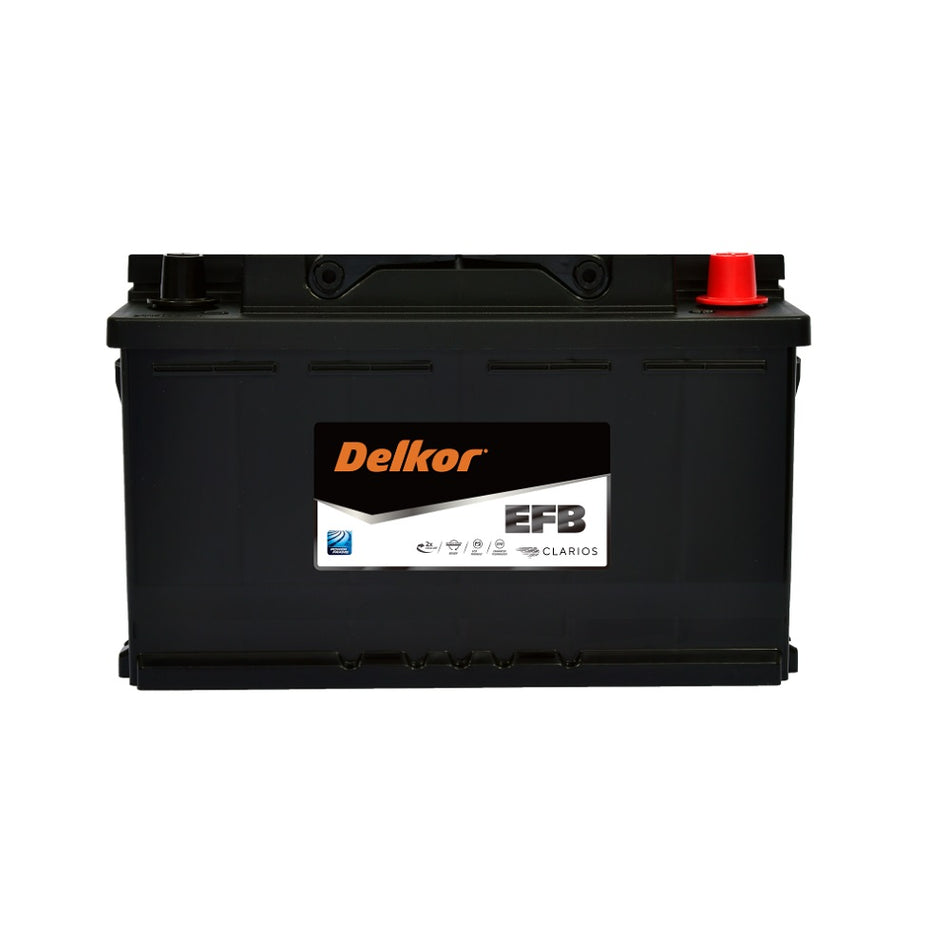 Delkor Battery Automotive EFB 730CCA-LBN475EFB. Front view of black battery with orange Delkor logo on black, white label on front.