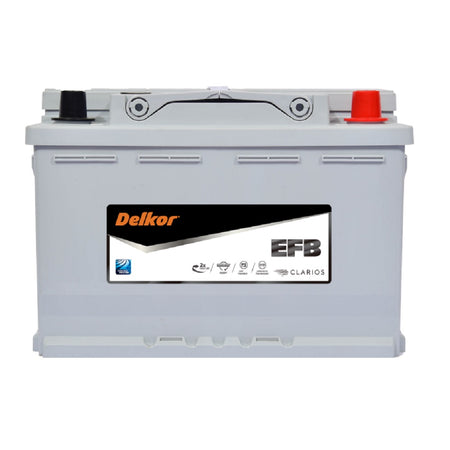 Delkor Battery Automotive AGM 12V 760CCA-LN3.  Front view of grey battery with orange Delkor logo on black and white label on front.