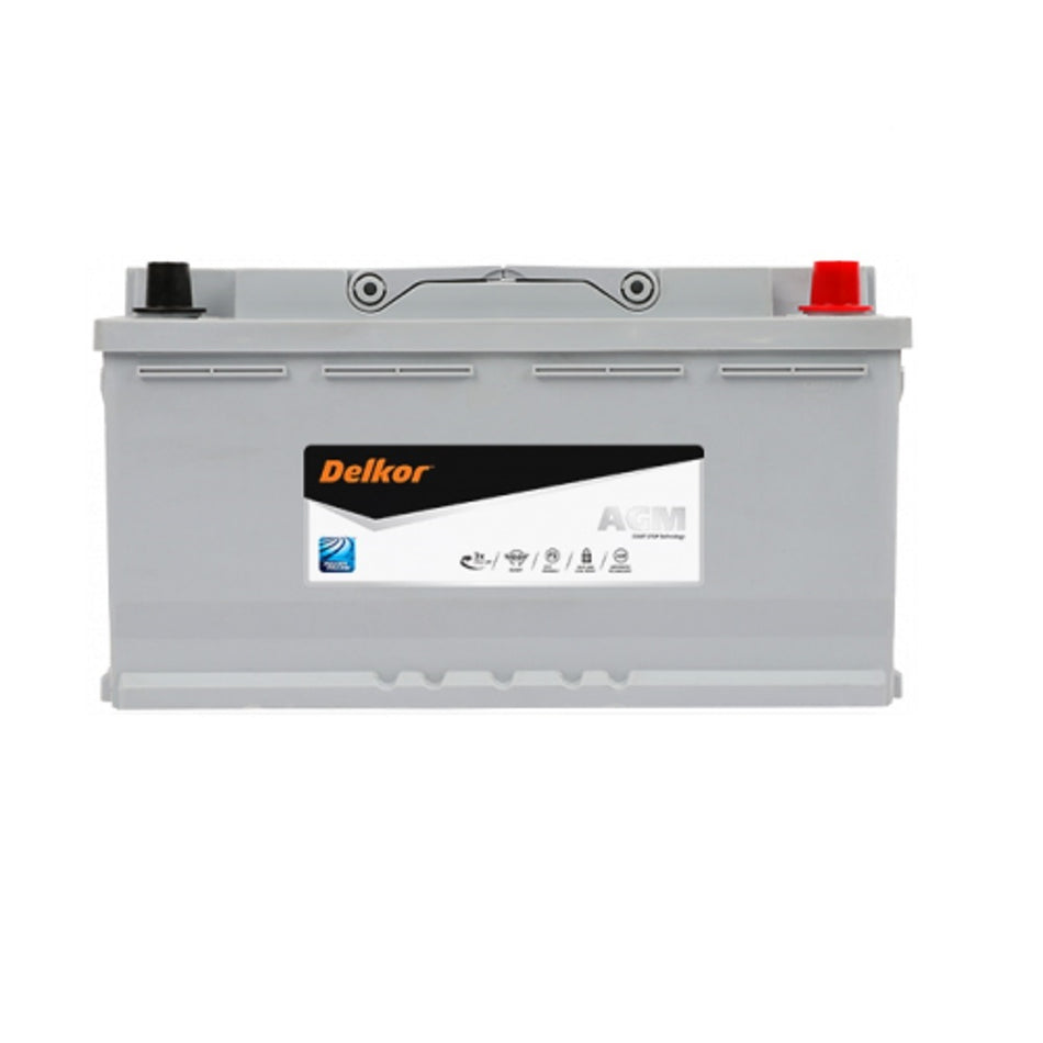 Delkor Battery Automotive AGM 12V 900CCA-LN5 (DIN88H). Front view of grey battery with label on front with orange Delkor logo.