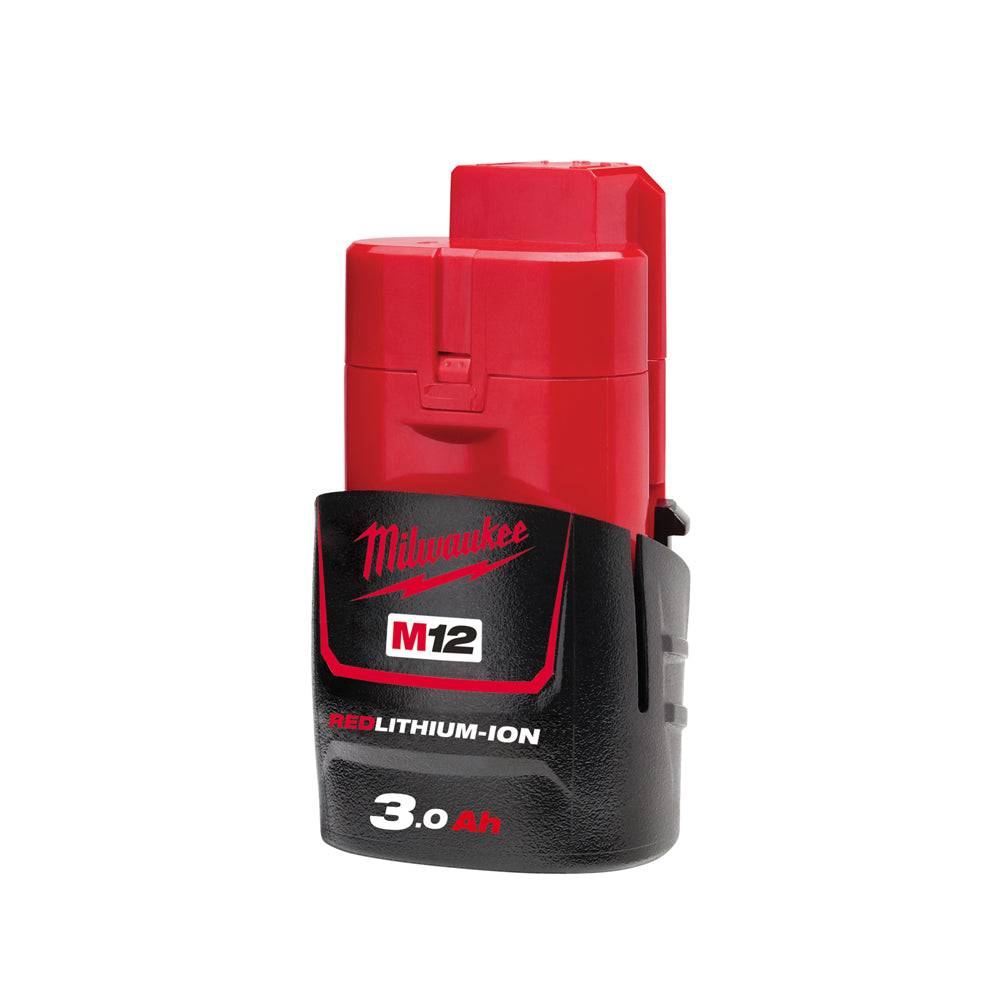 Milwaukee Redlithium-Ion 3.0 ah Compact Battery M12B3. Angled view of battery.