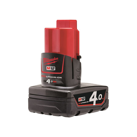 Milwaukee M12 4.0Ah Battery M12B4. Angled view of battery.