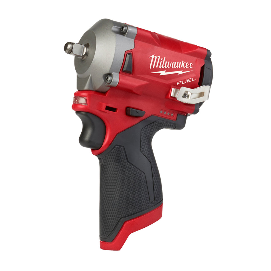 Milwaukee Stubby Impact Wrench with Friction Ring M12FIW38-0.  Angled view of impact wrench.