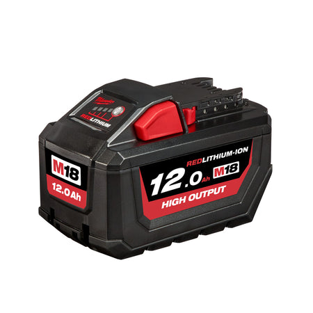 Milwaukee M18 Redlithium-Ion High Output 12Ah Battery M18HB12. Angled view of battery.