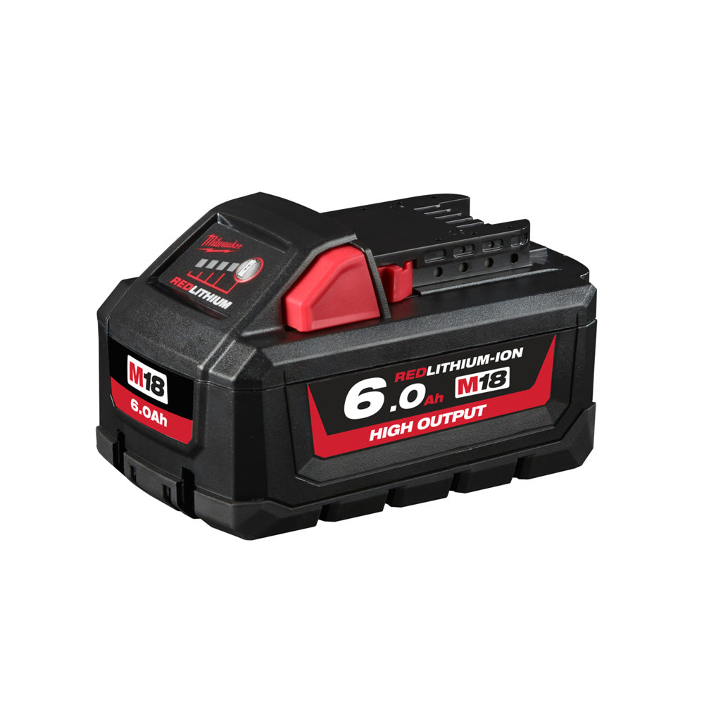 Milwaukee M18 Redlithium-Ion High Output 6ah Battery M18HB6. Angled view of battery.