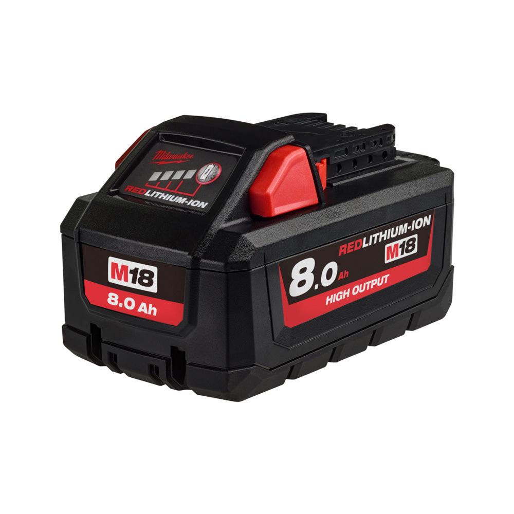 Milwaukee M18 Redlithium-Ion High Output 8Ah Battery M18HB8. Angled view of battery.