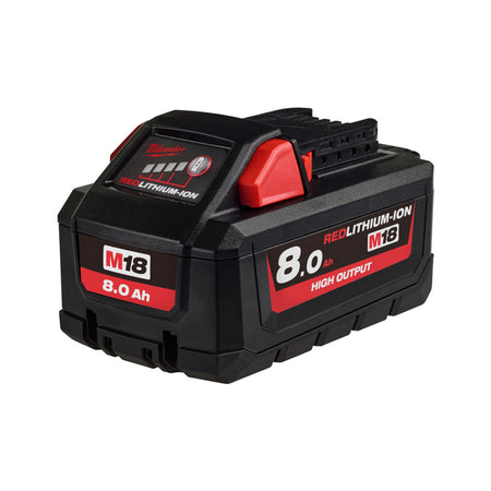 Milwaukee M18 Redlithium-Ion High Output 8Ah Battery M18HB8. Angled view of battery.