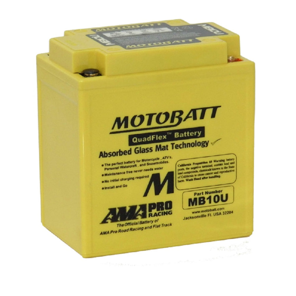 Motobatt Battery Motorcycle AGM 12V 175CCA-MB10U. Front view of yellow battery with black Motobatt logo on the front.