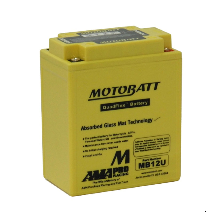 Motobatt battery motorcycle AGM 12V 160CCA-MB12U. Front view of yellow battery with black writing on front.