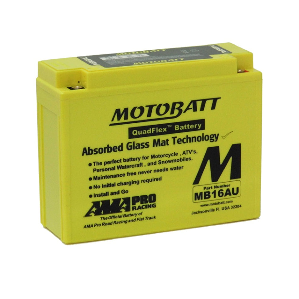 Motobatt Battery Motorcycle AGM 12V 230CCA-MB16AU. Front view of yellow battery with black Motobatt logo on front.