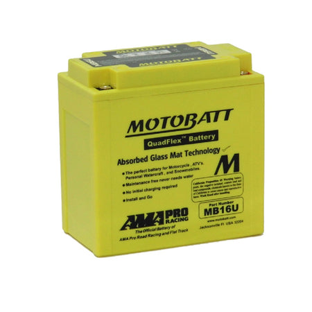  Motobatt Battery Motorcycle AGM 12V 250CCA-MB16U. Front view of yellow battery with black writing on front.