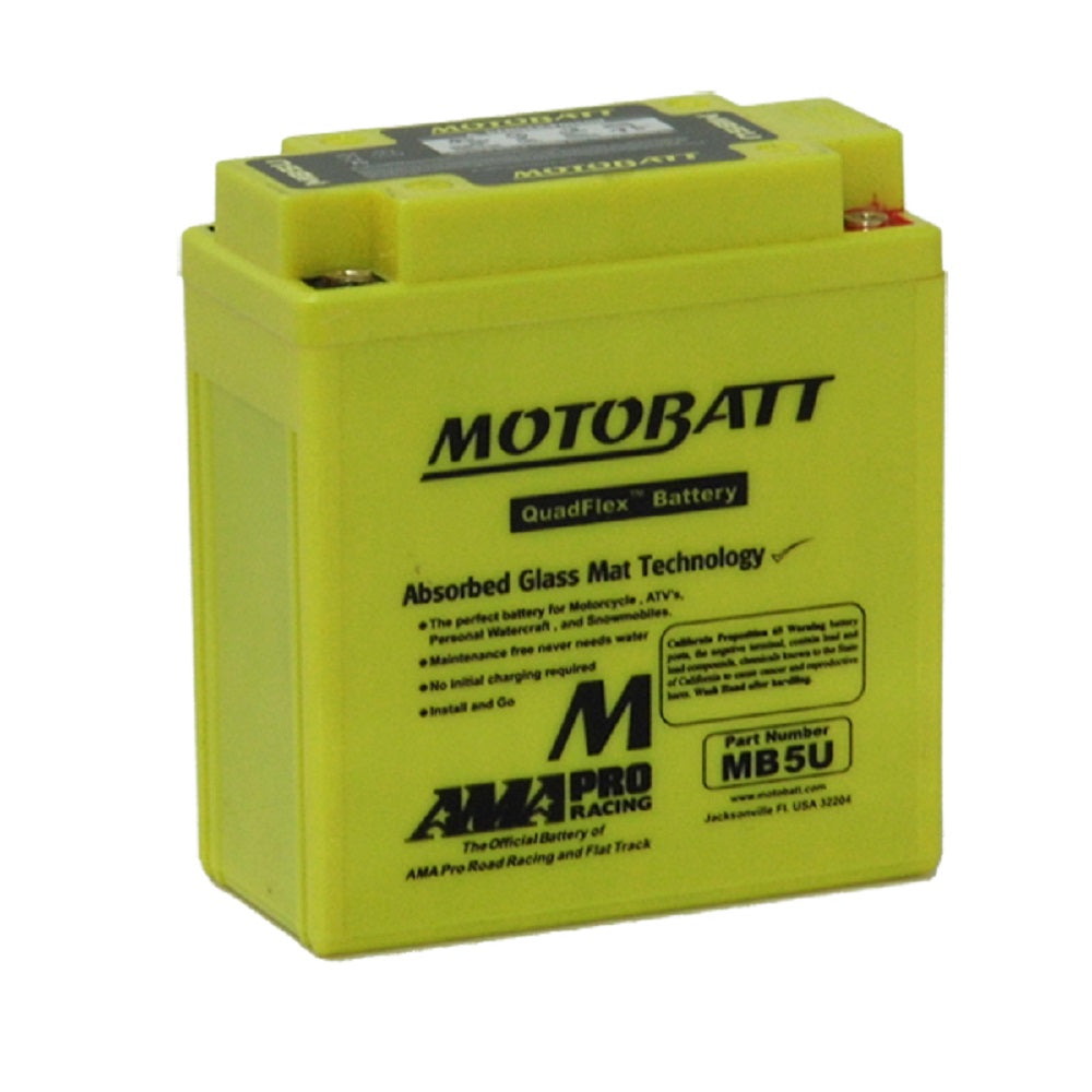 Battery: Motobatt AGM 12V 90CCA-MB5U. Front view of yellow battery with black Motobatt logo on front and black writing on front.