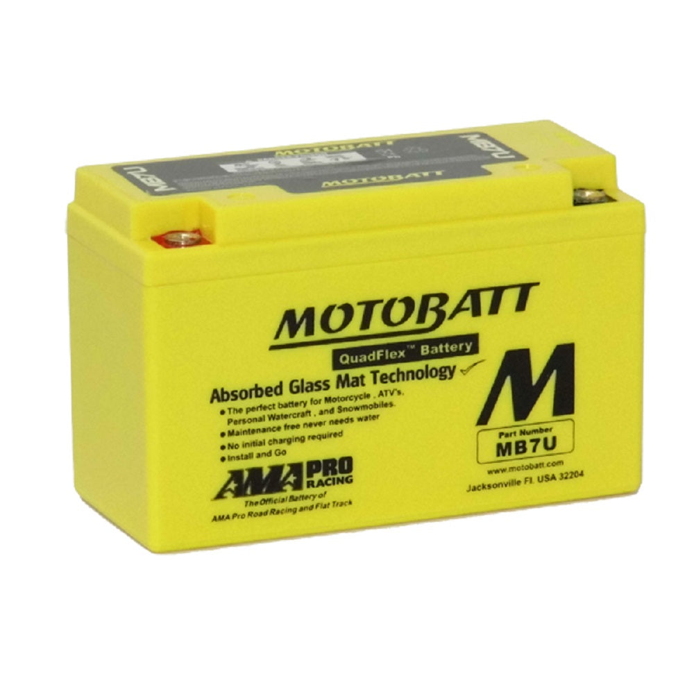 Motobatt Battery Motorcycle AGM 12V 100CCA-MB7U. Front view of yellow battery with black Motobatt logo on front.