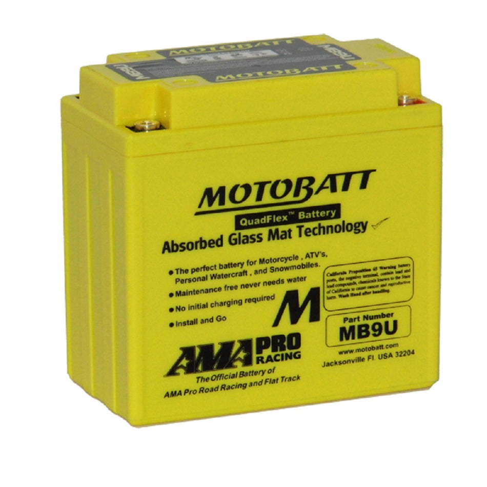 Motobatt Battery Motorcycle AGM 12V 160CCA-MB9U. Front view of yellow battery with black Motobatt logo on the front.