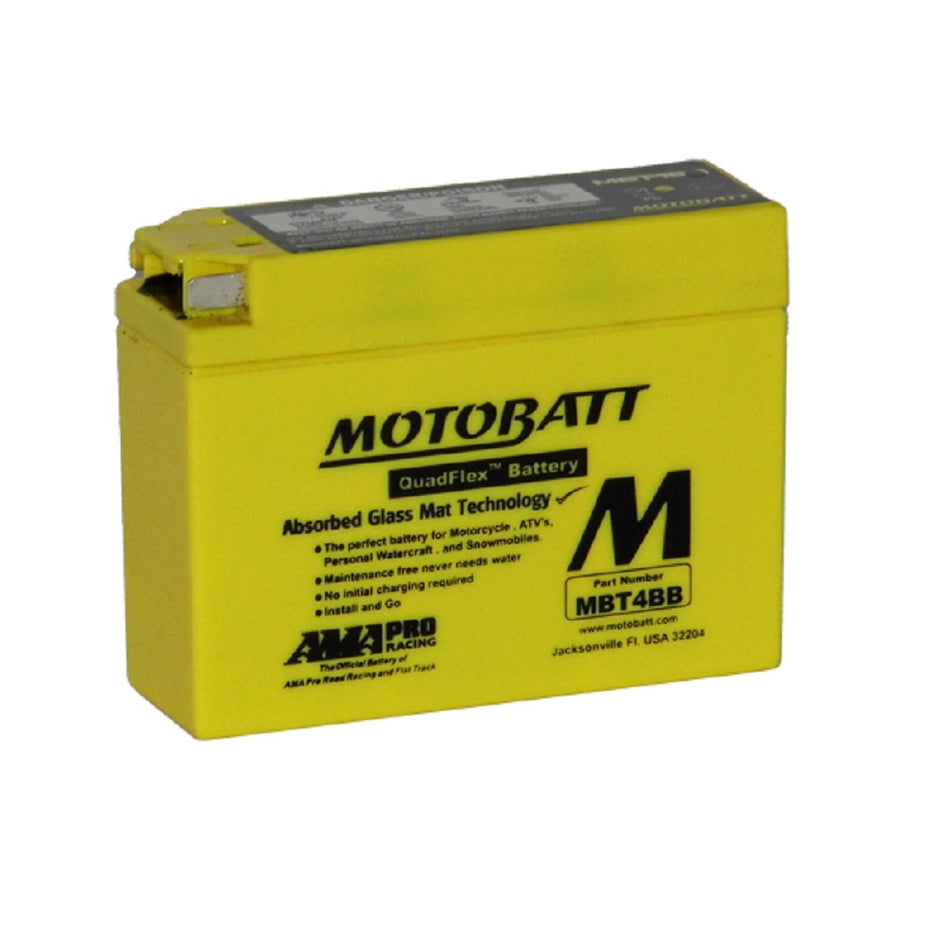 Motobatt Battery Motorcycle 12V AGM 40CCA-MBT4BB. Front view of yellow battery with black Motobatt logo on front.