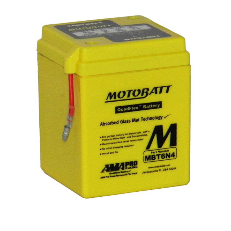 Battery: Motobatt 6V AGM-MBT6N4. Front view of yellow battery with black Motobatt logo and black writing on the front.