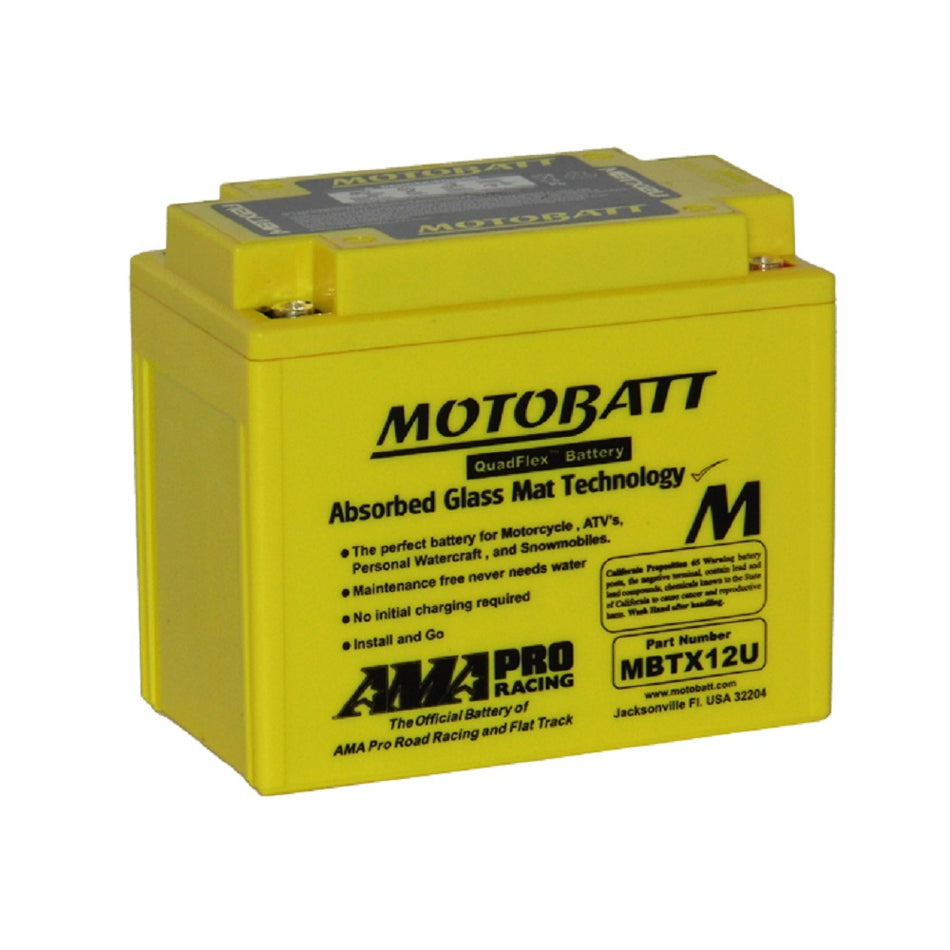 Motobatt Battery Motorcycle AGM 12V 200CCA-MBTX12U. Front view of yellow battery with black Motobatt logo on the front.