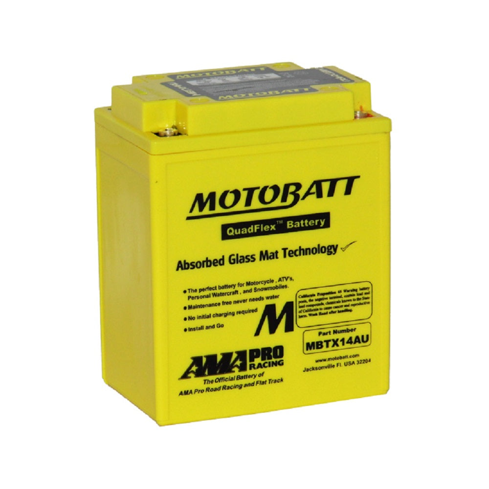 Motobatt Battery Motorcycle AGM 12V 210CCA-MBTX14AU. Front view of yellow battery with black Motobatt logo on the front.