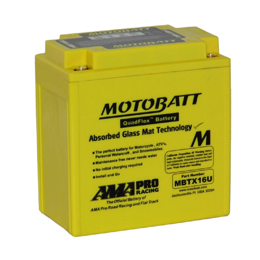 Motobatt Battery Motorcycle AGM 12V 250CCA-MBTX16U. Front view of yellow battery with black Motobatt logo on the front.