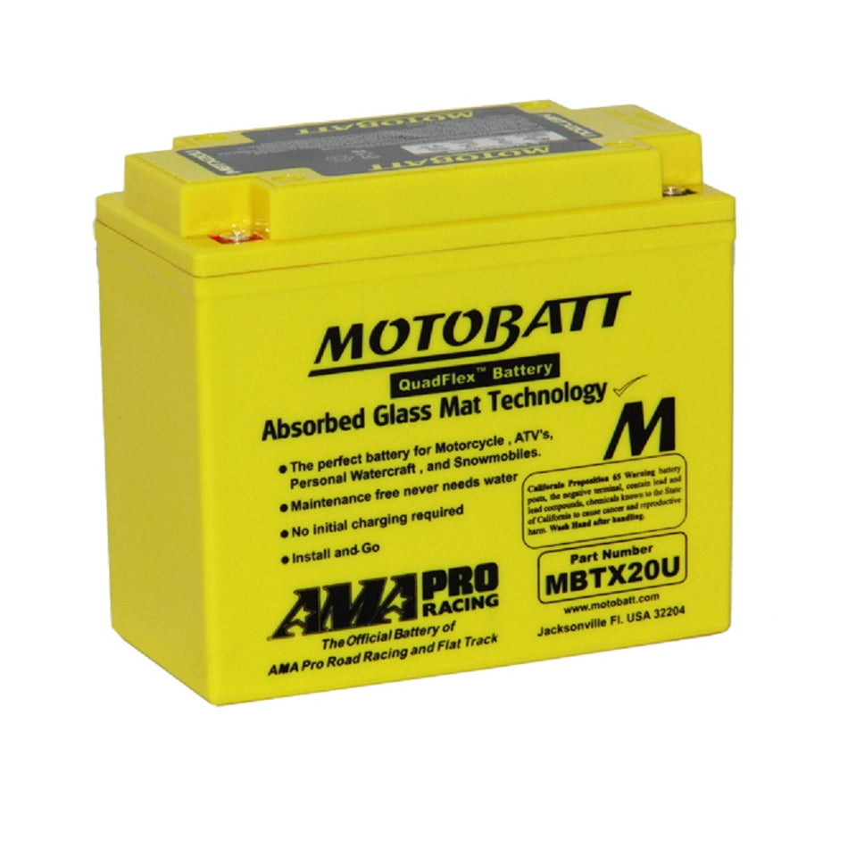 Motobatt Battery Motorbike AGM 12V 310CCA-MBTX20U. Front view of yellow battery with black writing and Motobatt logo on the front.