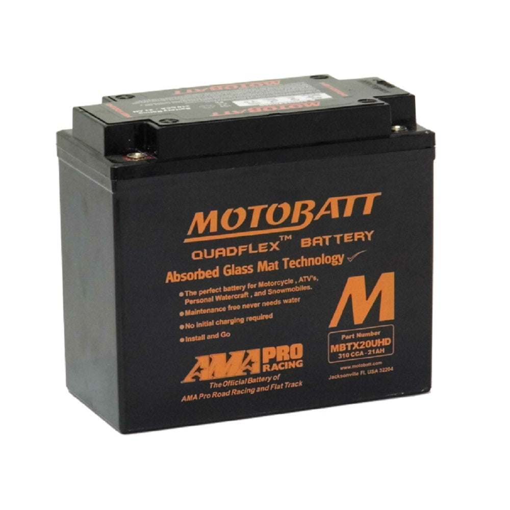 Motobatt battery motorcycle AGM 12V 310CCA Black Case-MBTX20UHD. Front view of black battery with orange Motobatt logo on the front.