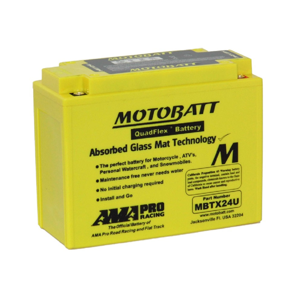 Motobatt Battery Motorcycle AGM 12V 300CCA-MBTX24U. Front view of yellow battery with black Motobatt logo and writing on front.