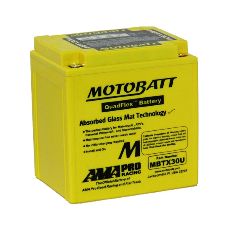 Motobatt Battery Motorcycle AGM 12V 390CCA-MBTX30U. Front view of yellow battery with black writing and Motobatt logo on front.