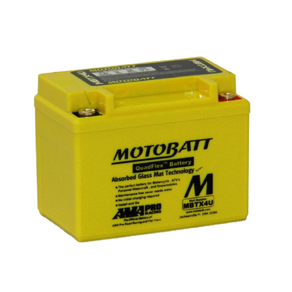 Motobatt Battery Motorcycle AGM 12V 70CCA-MBTX4U. Front view of yellow battery with black writing and Motobatt logo on the front.