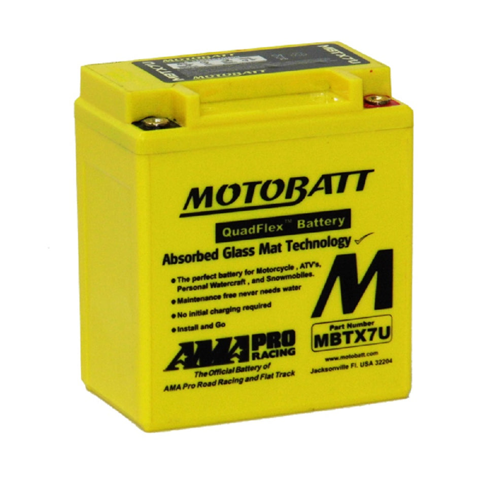 Motobatt Battery Motorcycle AGM 12V 115CCA-MBTX7U. Front view of yellow battery with black motobatt logo on the front.