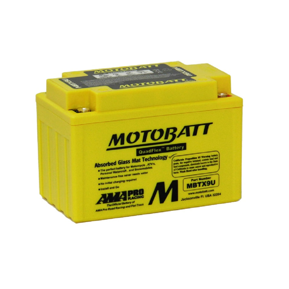 Motobatt Battery motorcycle AGM 12V 160CCA-MBTX9U.  Front view of yellow battery with black Motobatt logo on front with black writing.