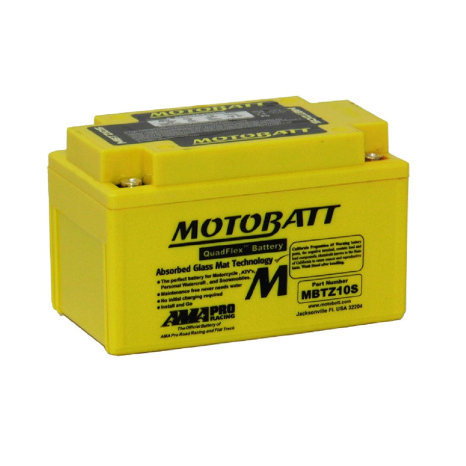 Motobatt Battery Motorcycle AGM 12V 190CCA-MBTZ10S. Front view of yellow battery with black Motobatt logo on the front.