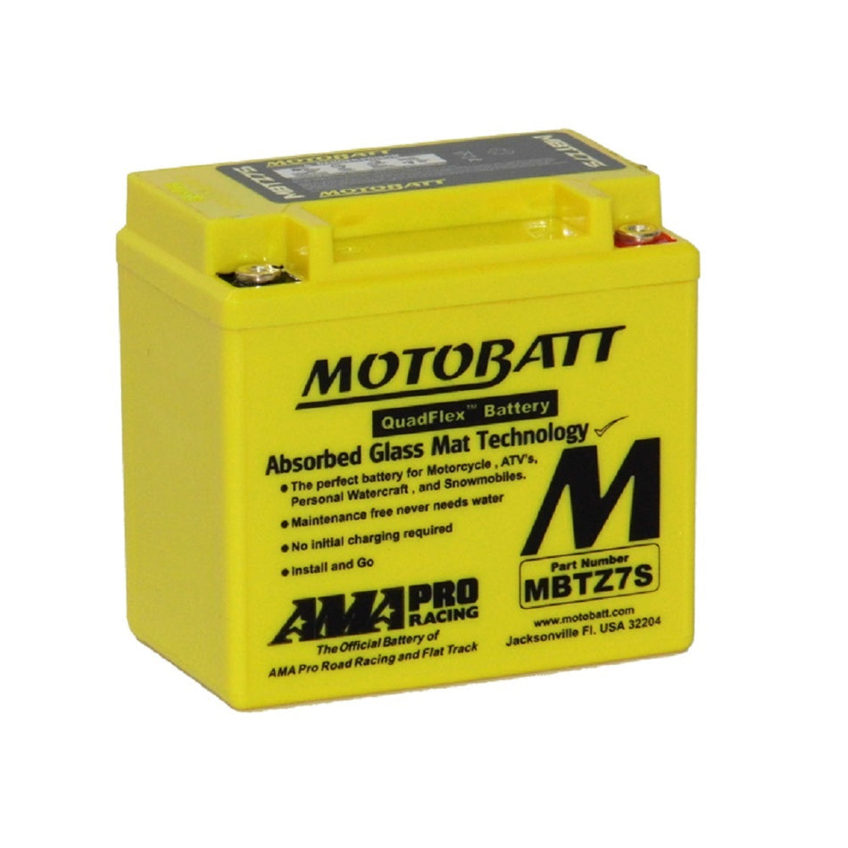 Motobatt Battery: Motorcycle AGM 12V 100CCA-MBTZ7S. Front view of yellow battery with Black Motobatt logo and black writing on the front.