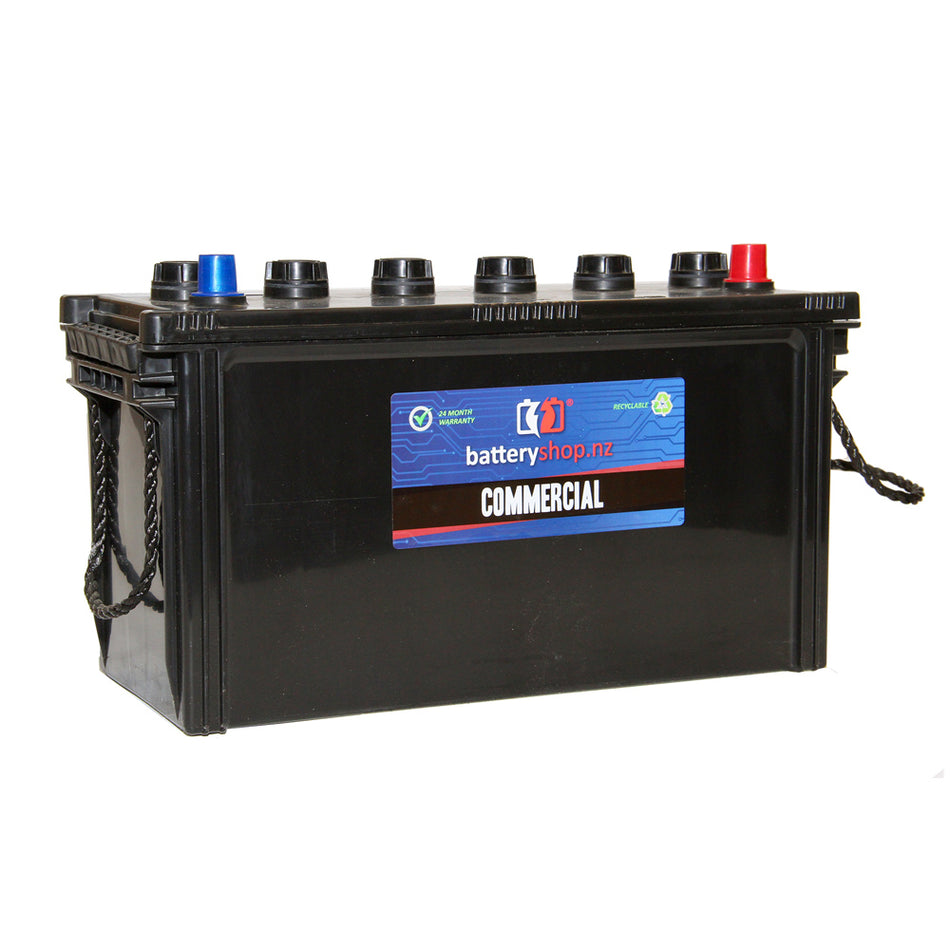 Batteryshop.nz Heavy Duty Battery Commercial CAL 12V 680CCA.  Angled view showing label and terminals