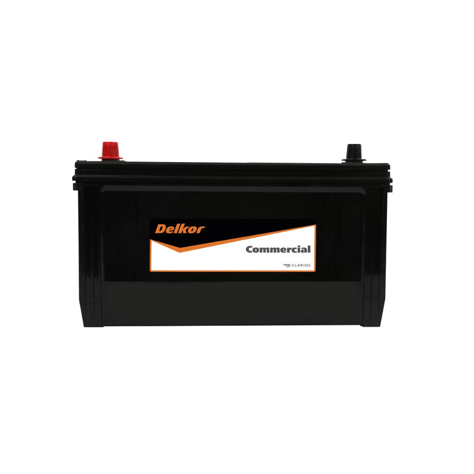 Delkor Battery Commercial CAL 12V 750CCA-N100R. Front view of black battery with orange Delkor logo on black, white and orange label on front.