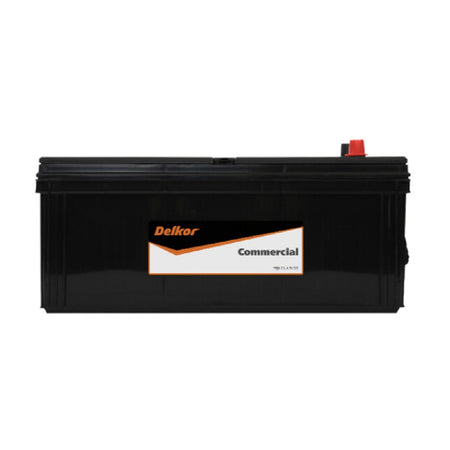 Delkor Battery Commercial CAL 12V 800CCA-N120. Front view of black battery with orange Delkor logo on black, white and orange label on front.