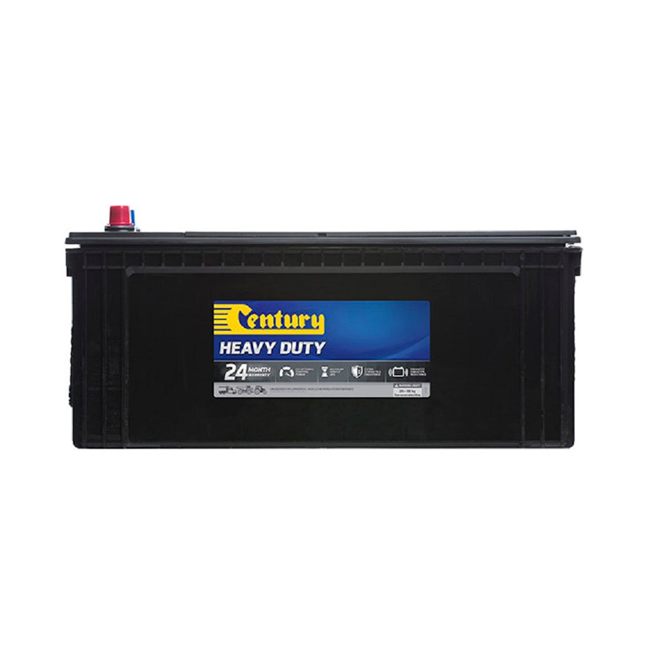 Century Battery Commercial CAL 12V 850CCA-N120MF. Front view of black rectangle battery with yellow Century logo on blue and black label on front.