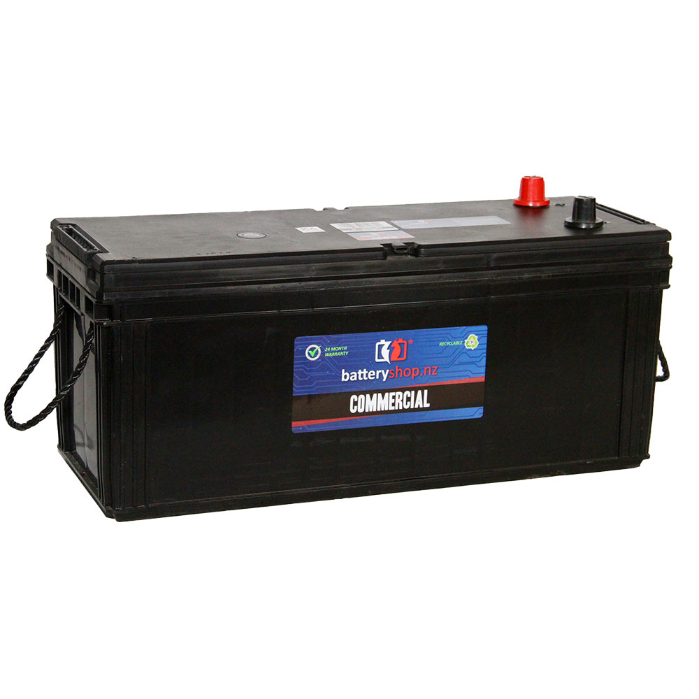 Batteryshop.nz Heavy Duty Battery Commercial CAL 12V 800CCA - N120SMFU.  Angled view showing label, handles and terminals.