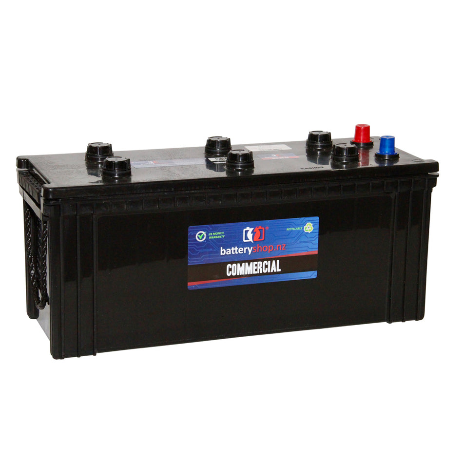 Heavy Duty Battery Commercial FLA 12v 860CCA.  Angled view showing label and terminals.